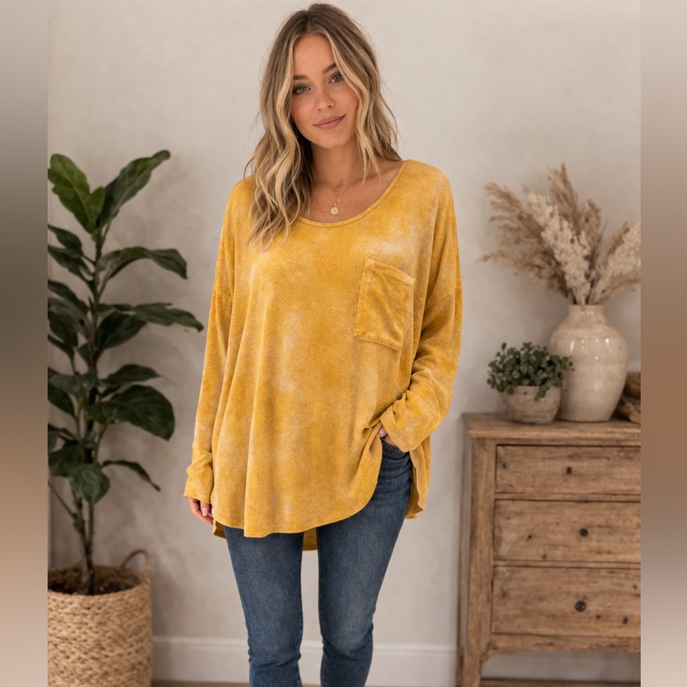 Sundown by River + Sky Mustard Tie Dye Long Sleeve Tunic Top Size Large